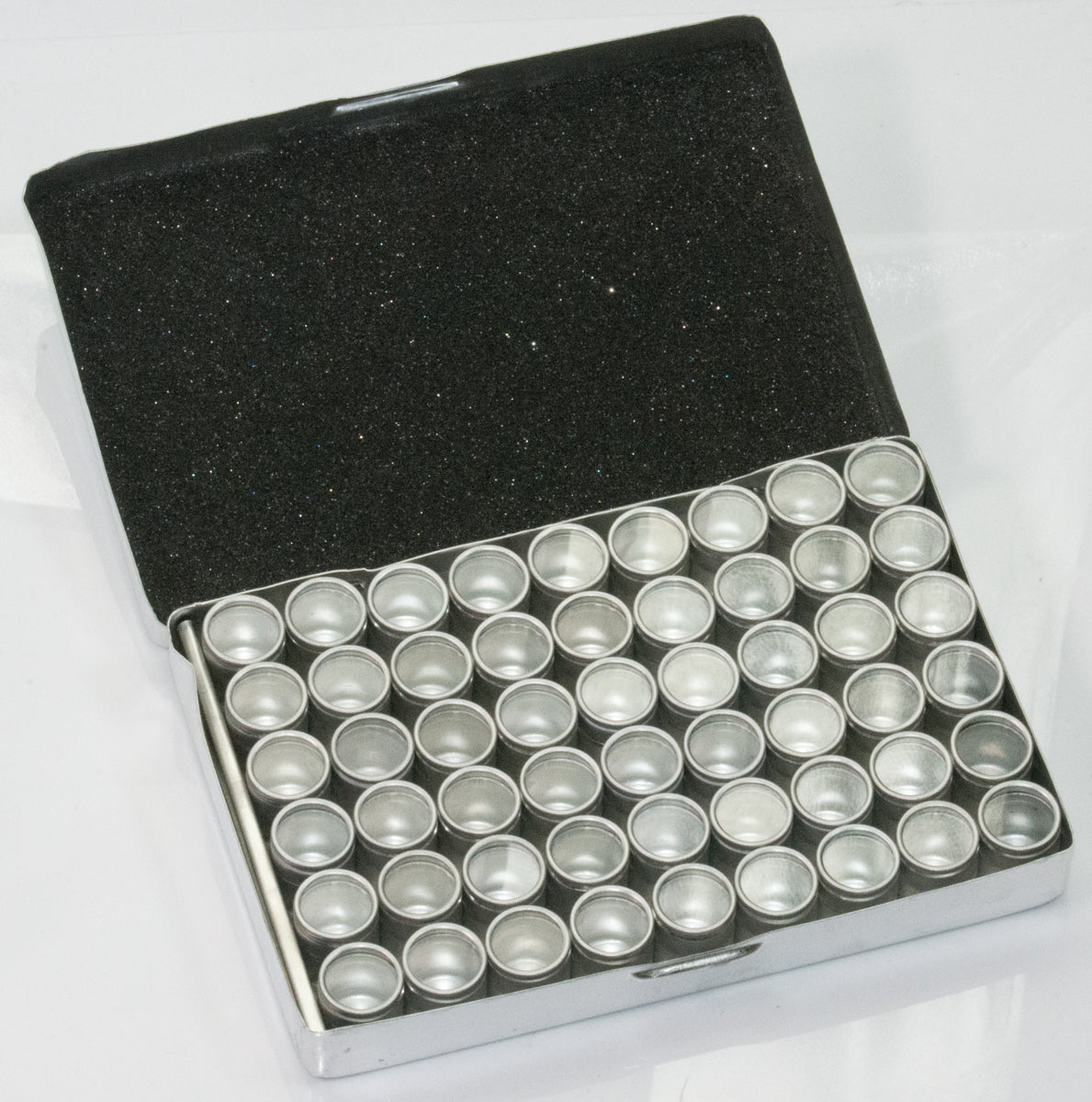 54x Small Watch & Jewellery Parts Spares Containers ALUMINIUM In Storage Box